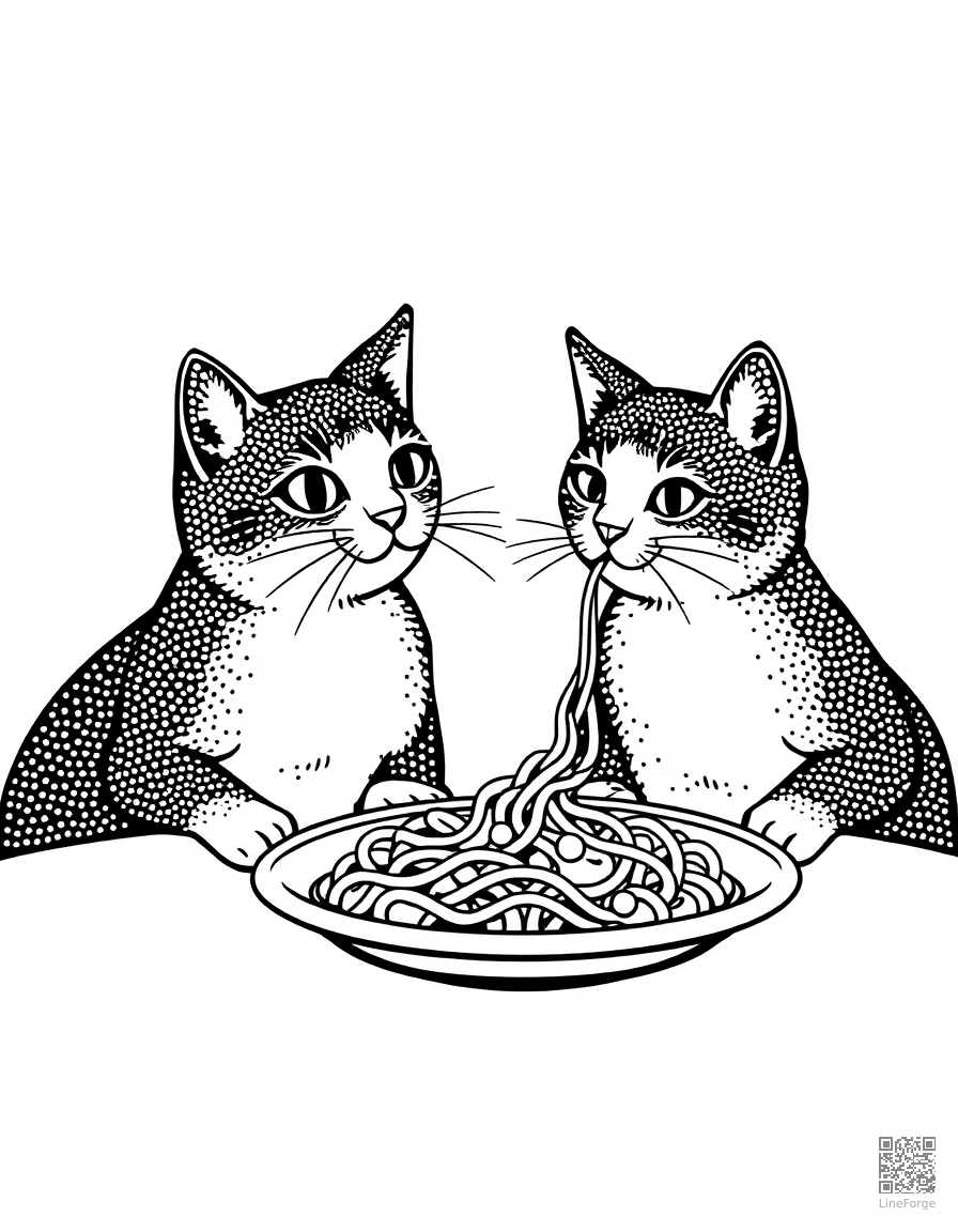 Free two cats sharing a spaghetti dinner coloring page in stipple style — printable line art