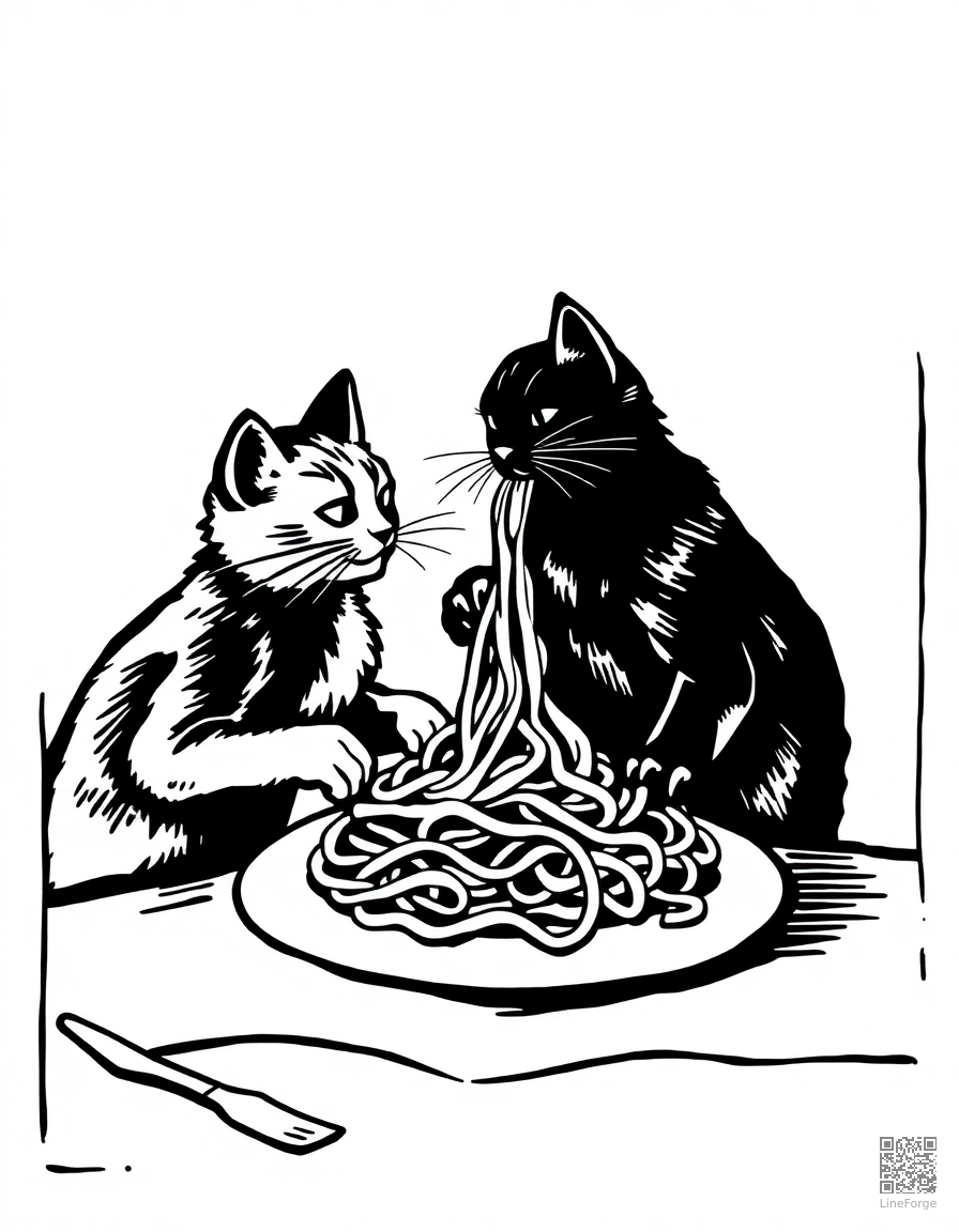 Free two cats sharing a spaghetti dinner coloring page in woodcut style — printable line art