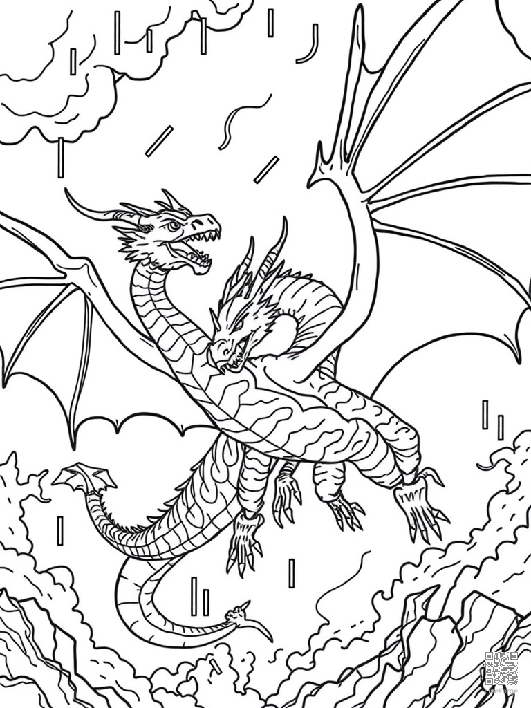 Two dragons in aerial combat in thunderstorm coloring page Contour style - free printable