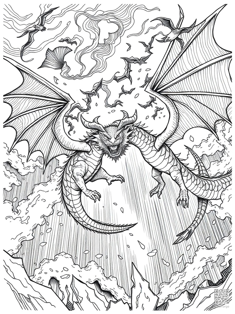 Two dragons in aerial combat in thunderstorm coloring page Crosshatch style - free printable