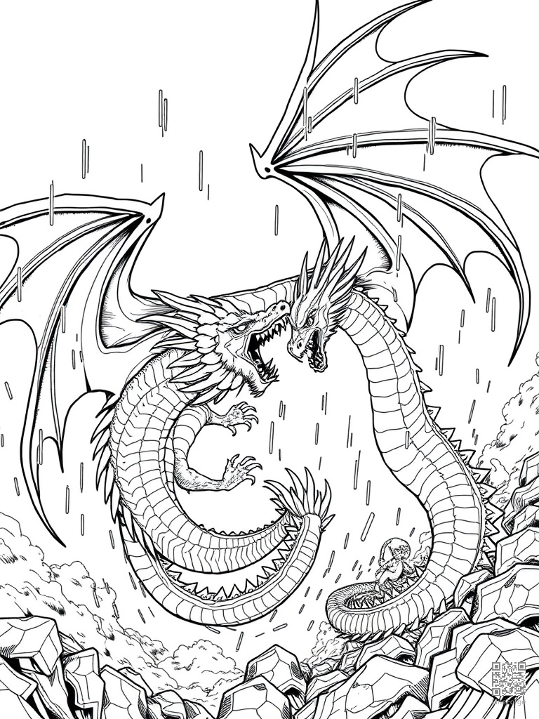 Two dragons in aerial combat in thunderstorm coloring page Manga style - free printable
