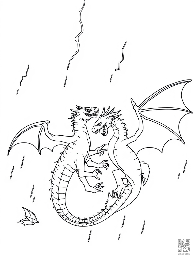 Two dragons in aerial combat in thunderstorm coloring page Minimal style - free printable