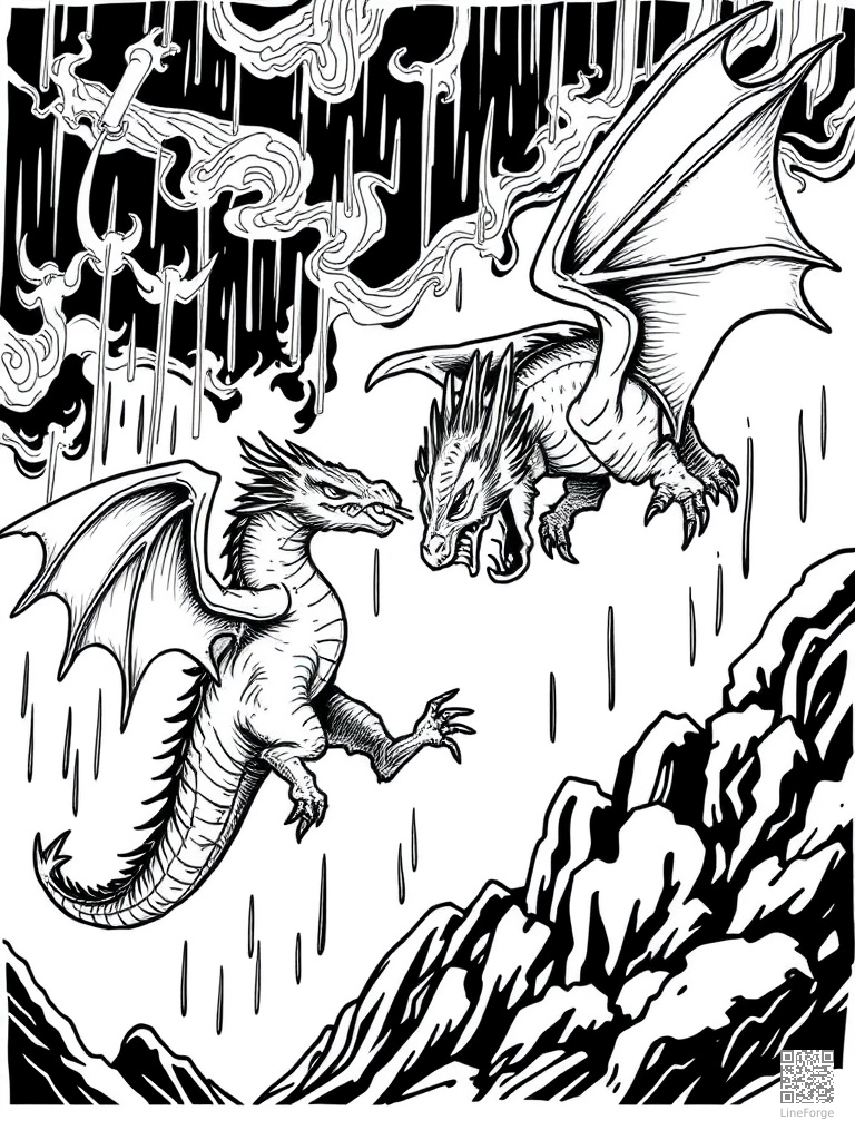 Two dragons in aerial combat in thunderstorm coloring page Woodcut style - free printable