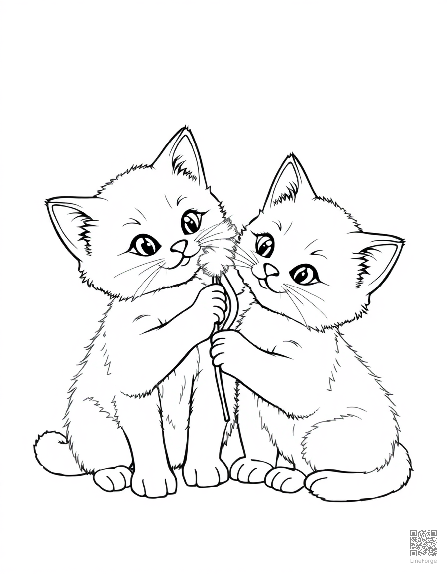 Free two kittens playing with a feather toy coloring page in contour style — printable line art