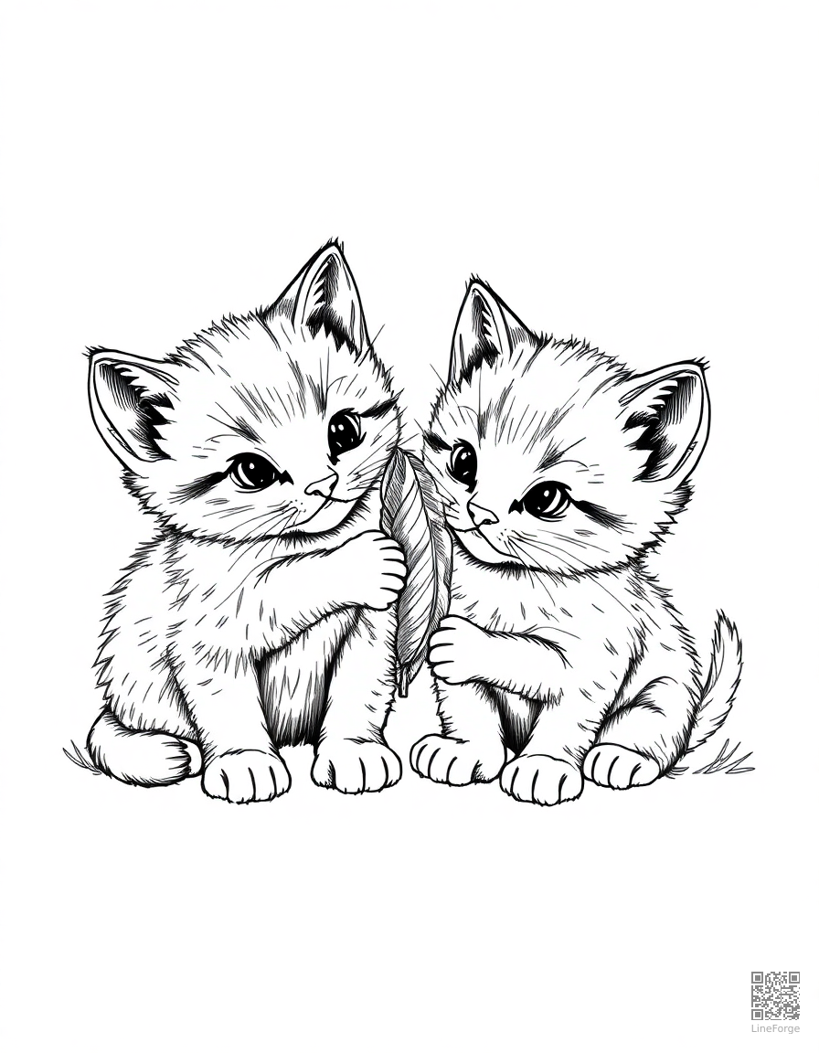 Free two kittens playing with a feather toy coloring page in crosshatch style — printable line art
