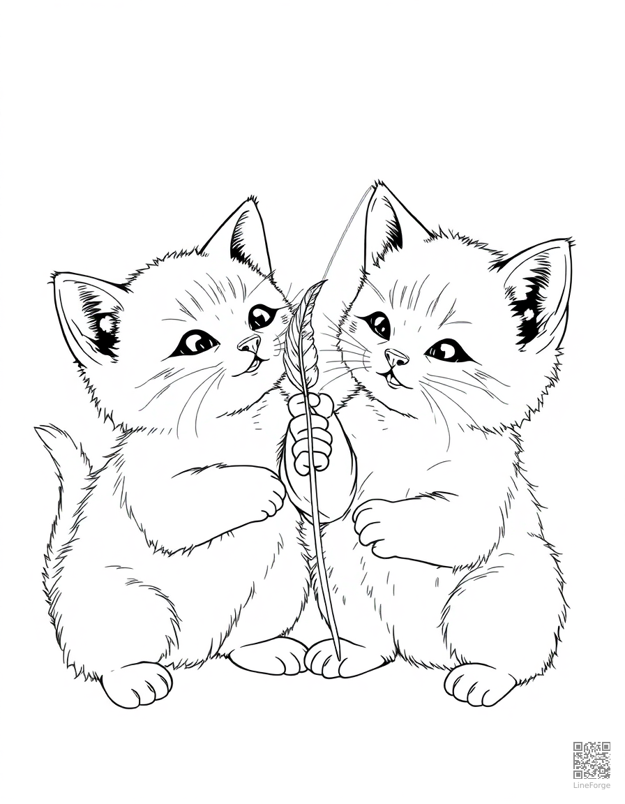 Free two kittens playing with a feather toy coloring page in manga style — printable line art