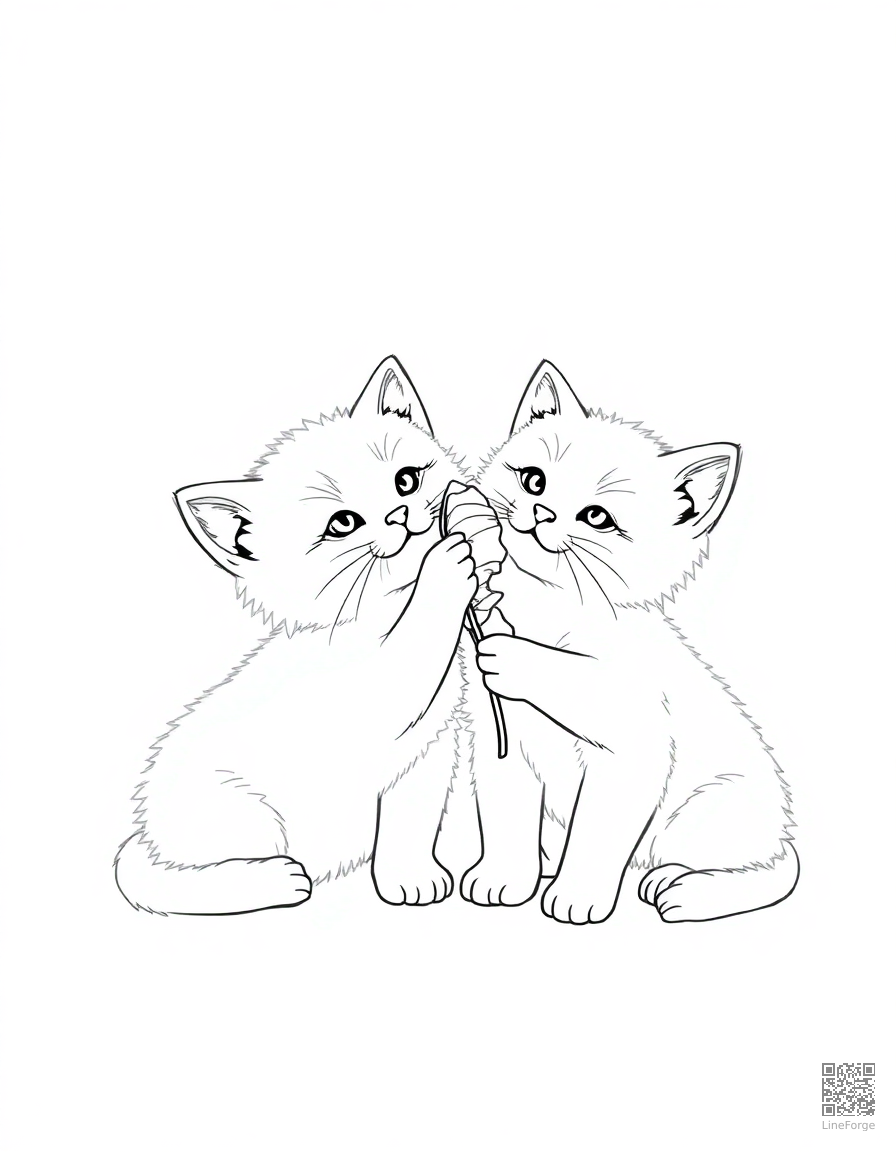 Free two kittens playing with a feather toy coloring page in minimal style — printable line art
