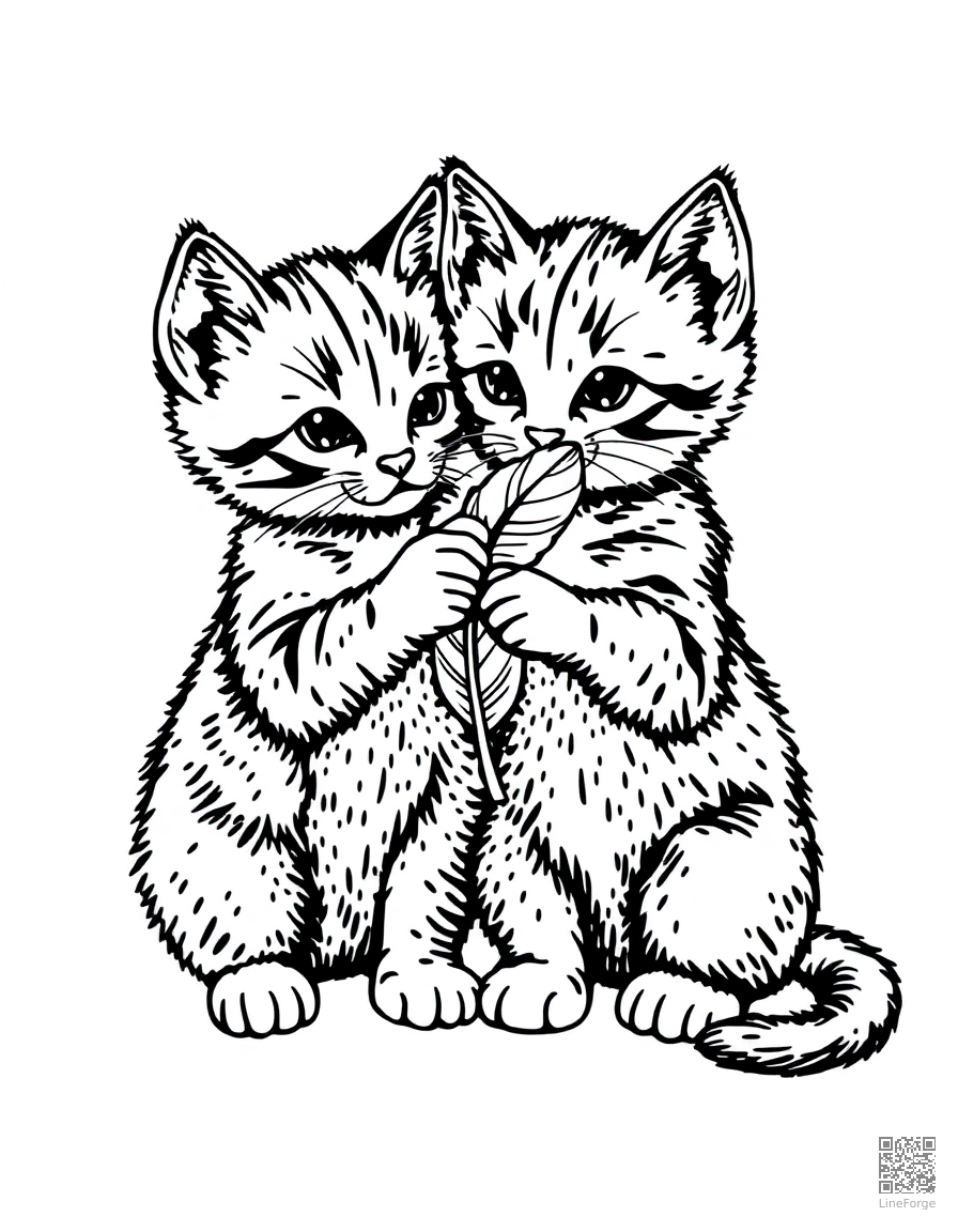 Free two kittens playing with a feather toy coloring page in stipple style — printable line art