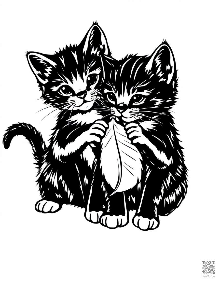Free two kittens playing with a feather toy coloring page in woodcut style — printable line art