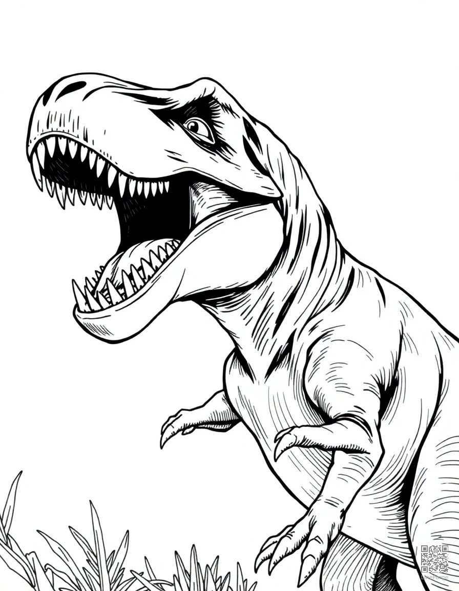 Tyrannosaurus Rex roaring coloring page Crosshatch style free printable