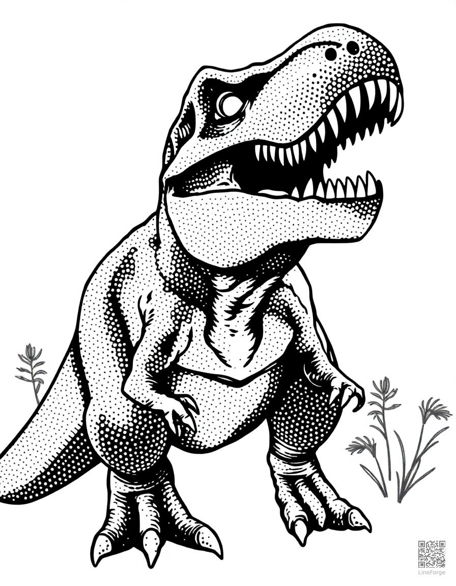 Tyrannosaurus Rex roaring coloring page Stipple style free printable