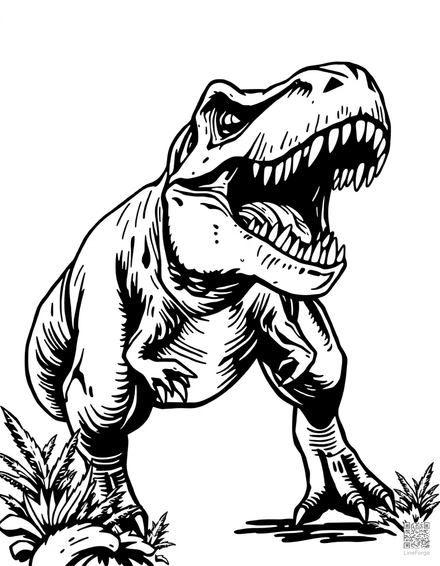 Tyrannosaurus Rex roaring coloring page Woodcut style free printable