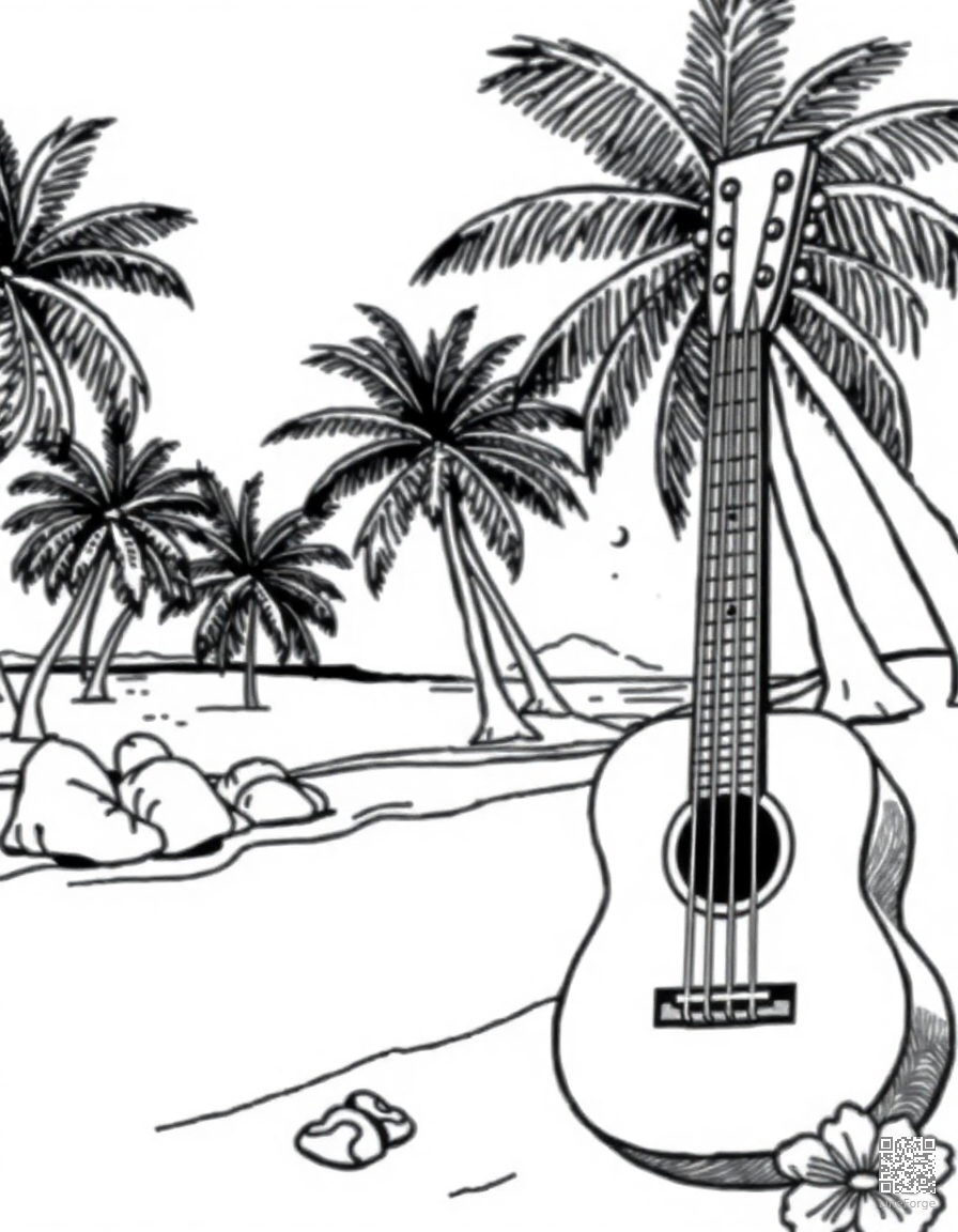 ukulele on a hawaiian beach coloring page Contour style - free printable