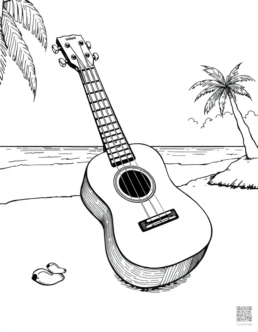 ukulele on a hawaiian beach coloring page Crosshatch style - free printable