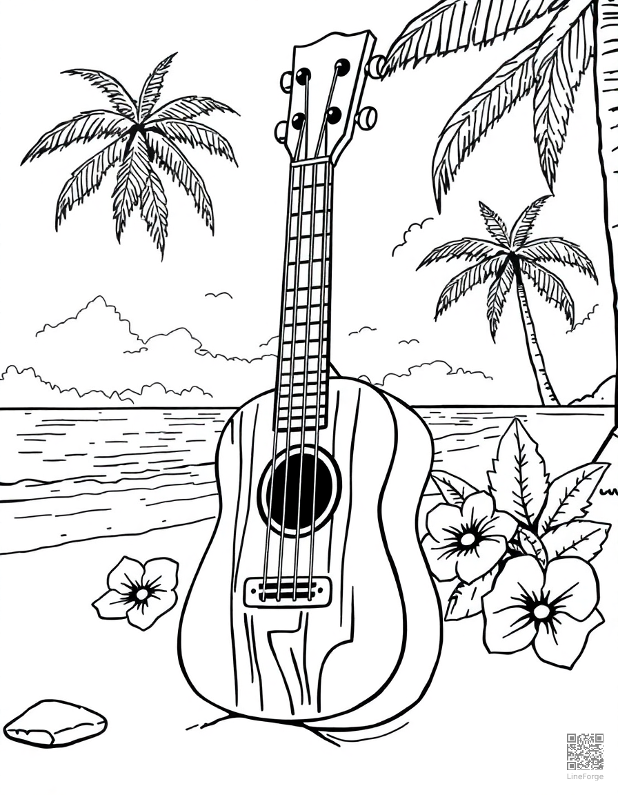 ukulele on a hawaiian beach coloring page Manga style - free printable