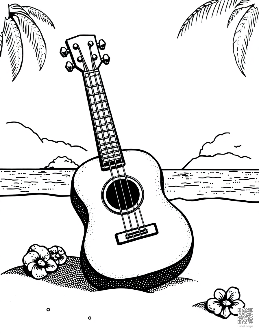 ukulele on a hawaiian beach coloring page Stipple style - free printable