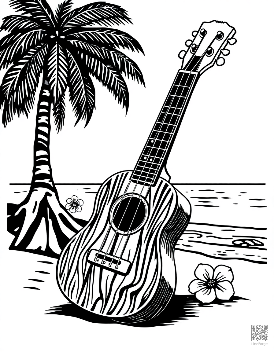 ukulele on a hawaiian beach coloring page Woodcut style - free printable