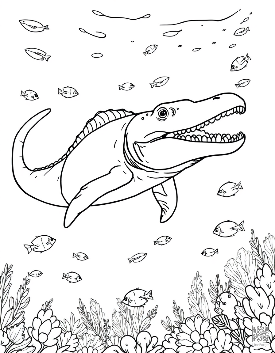 underwater plesiosaur swimming with fish coloring page Contour style - free printable