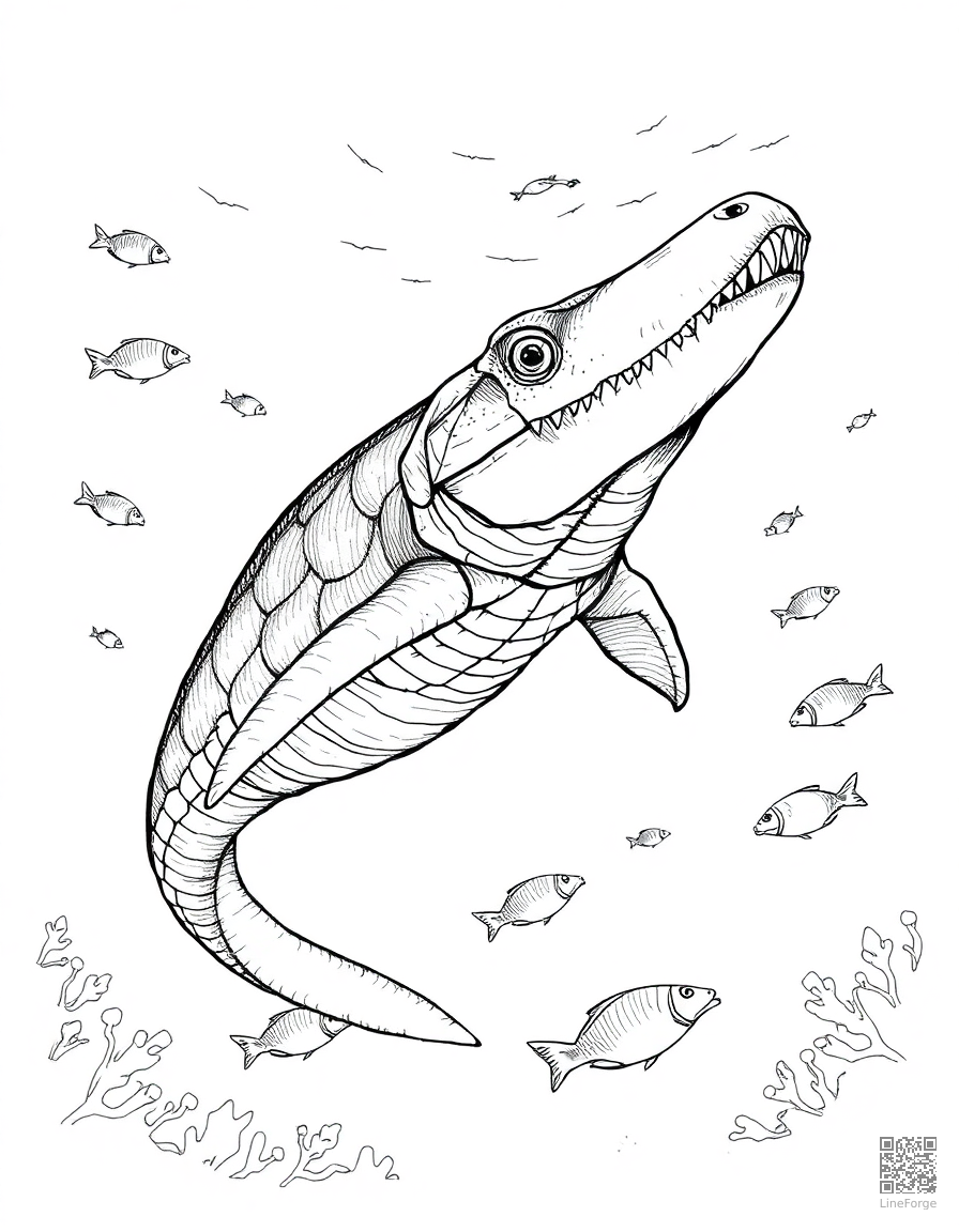 underwater plesiosaur swimming with fish coloring page Crosshatch style - free printable