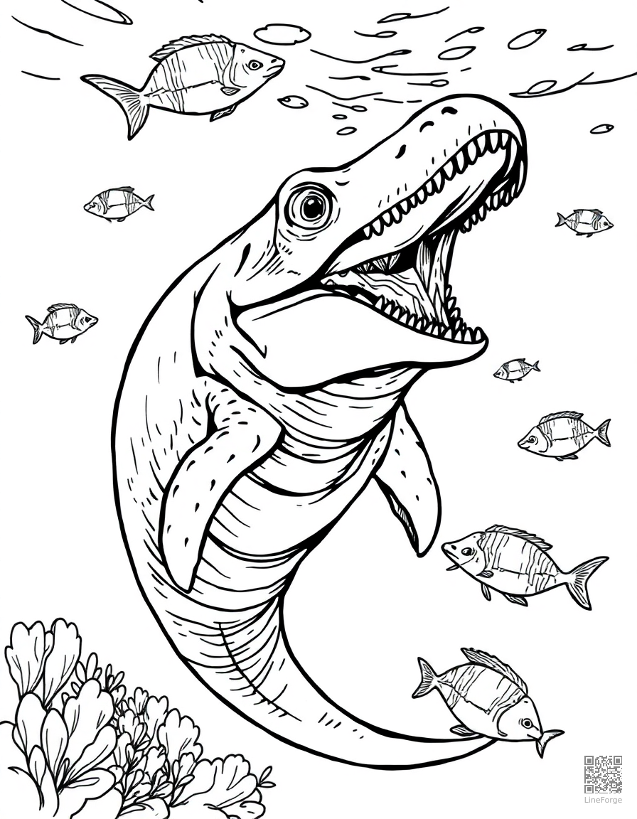 underwater plesiosaur swimming with fish coloring page Manga style - free printable