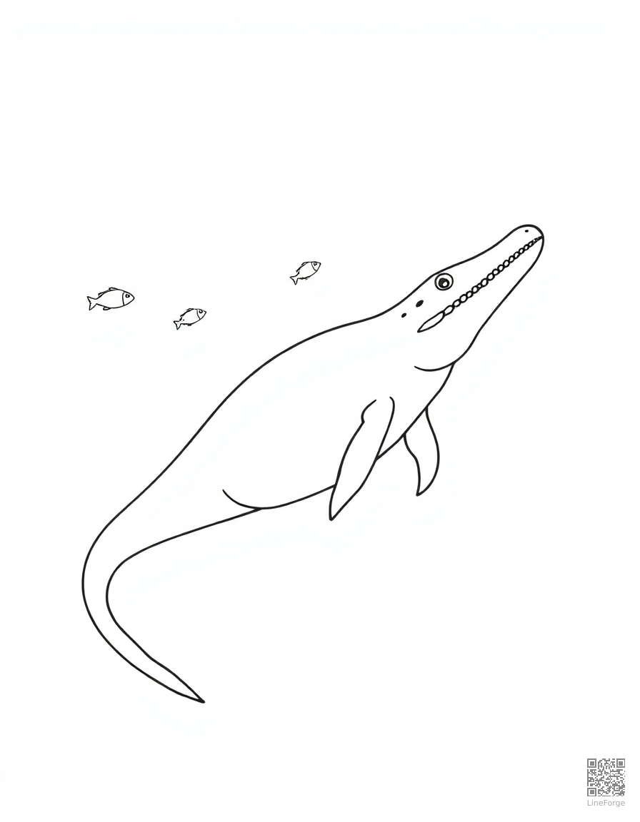 underwater plesiosaur swimming with fish coloring page Minimal style - free printable