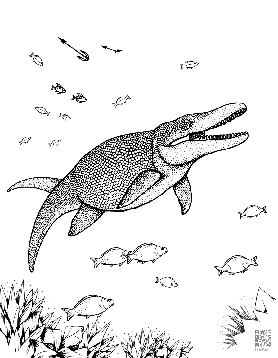 underwater plesiosaur swimming with fish coloring page Stipple style - free printable