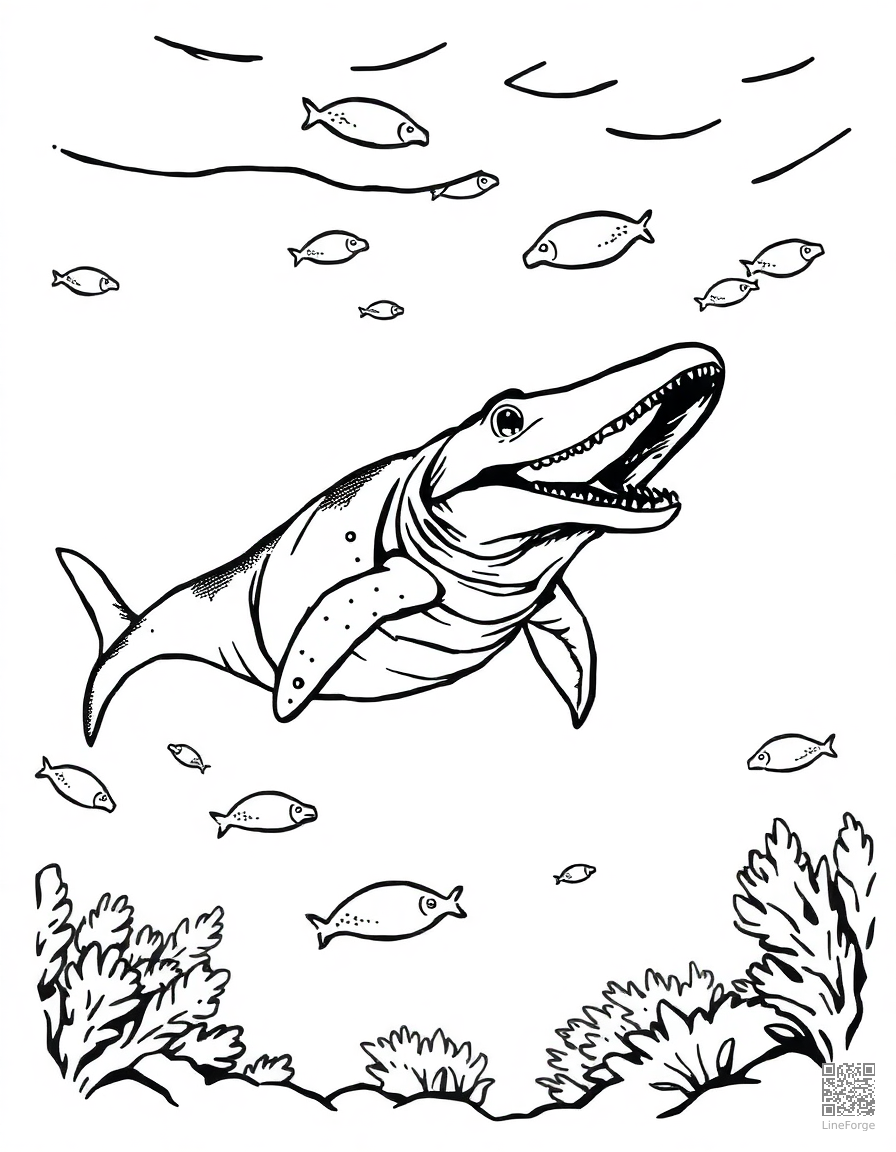 underwater plesiosaur swimming with fish coloring page Woodcut style - free printable