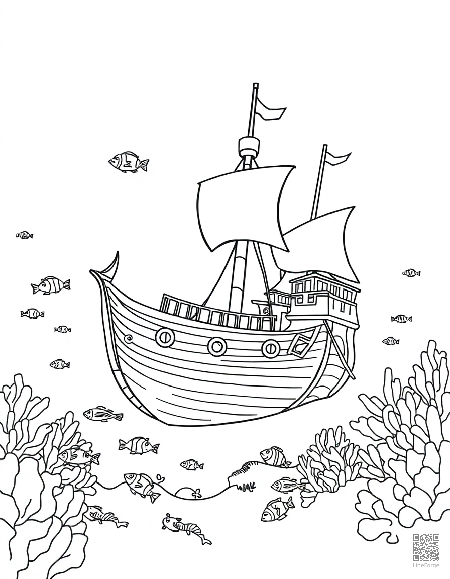 Free underwater sunken pirate ship with fish coloring page in contour style — printable line art
