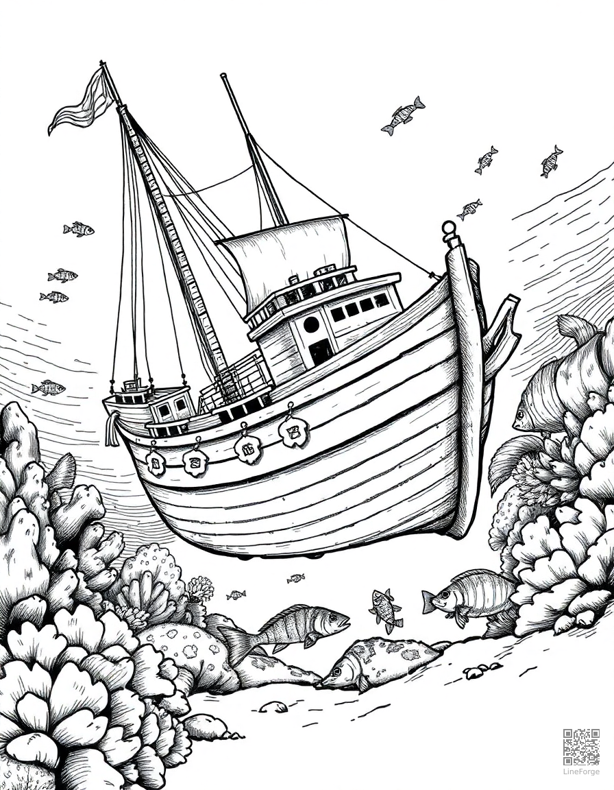 Free underwater sunken pirate ship with fish coloring page in crosshatch style — printable line art