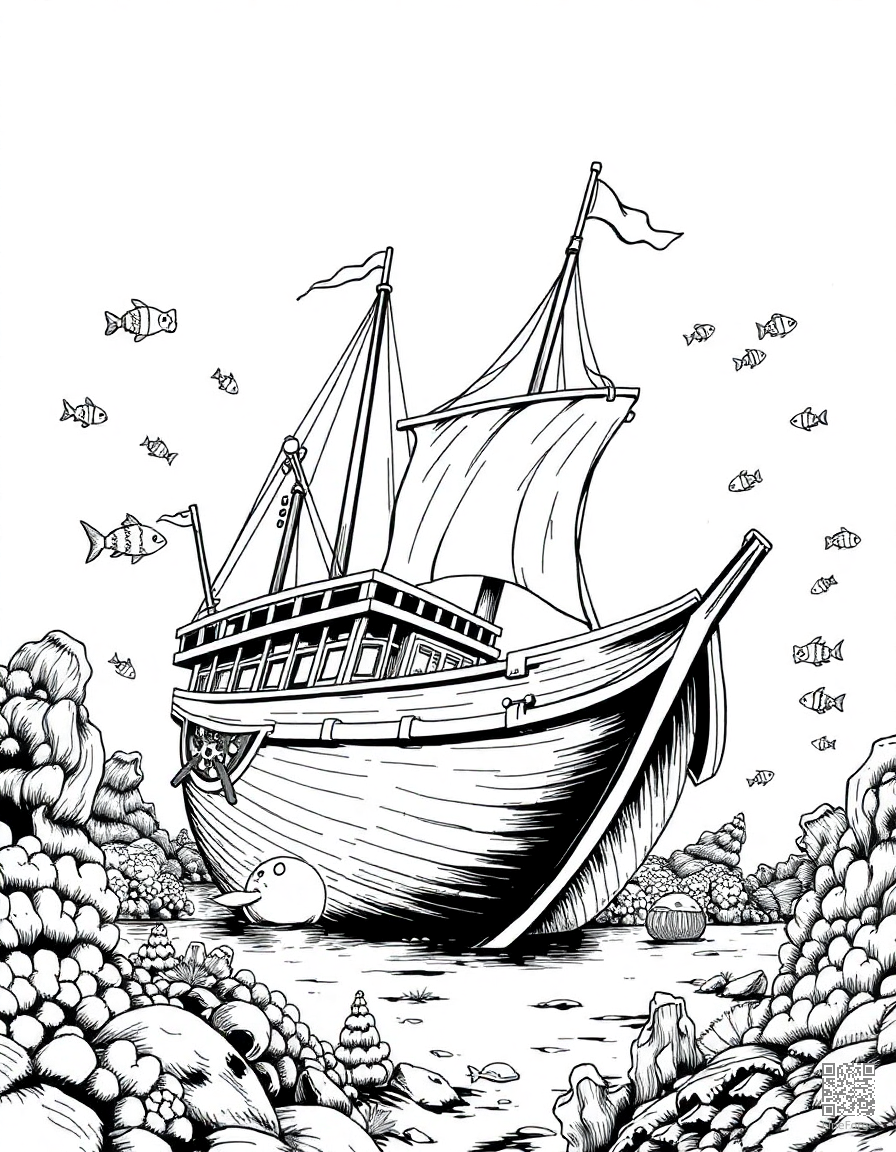 Free underwater sunken pirate ship with fish coloring page in manga style — printable line art