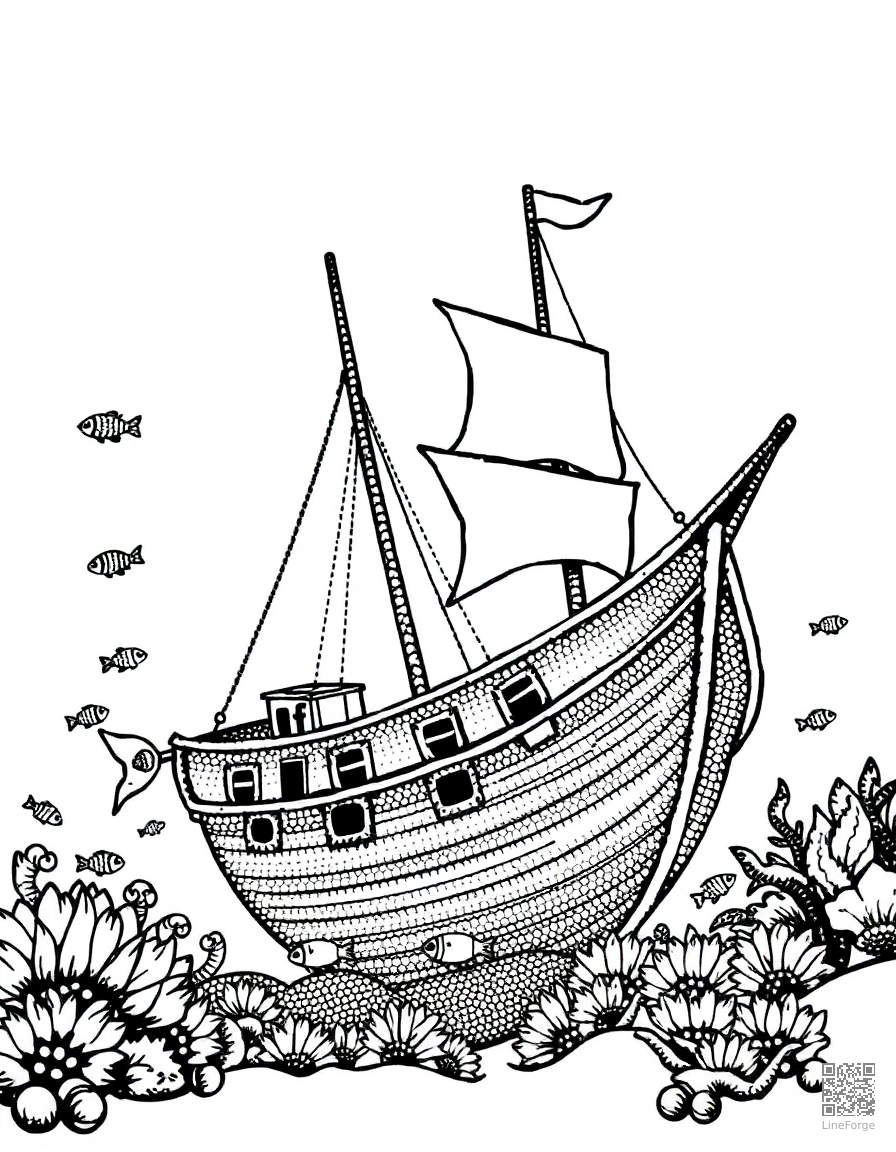 Free underwater sunken pirate ship with fish coloring page in stipple style — printable line art