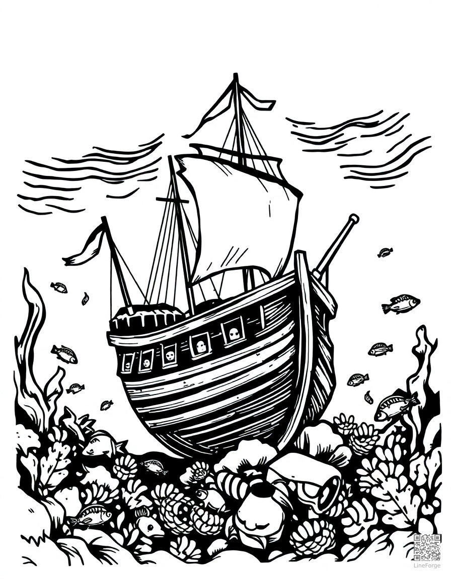 Free underwater sunken pirate ship with fish coloring page in woodcut style — printable line art