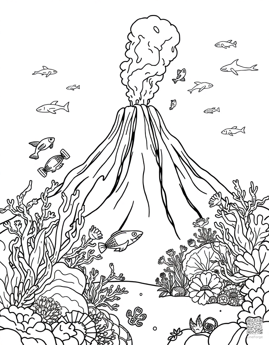 underwater volcano with exotic creatures coloring page Contour style - free printable