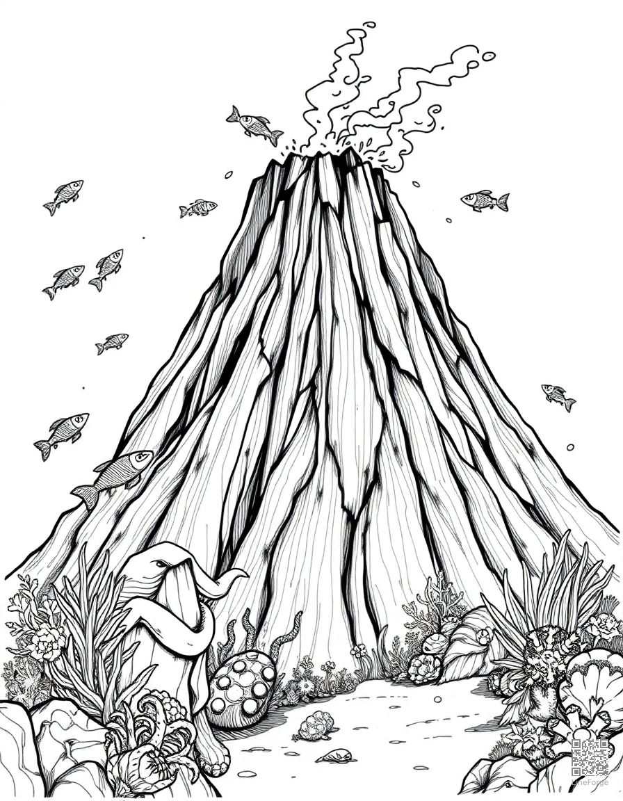 underwater volcano with exotic creatures coloring page Crosshatch style - free printable