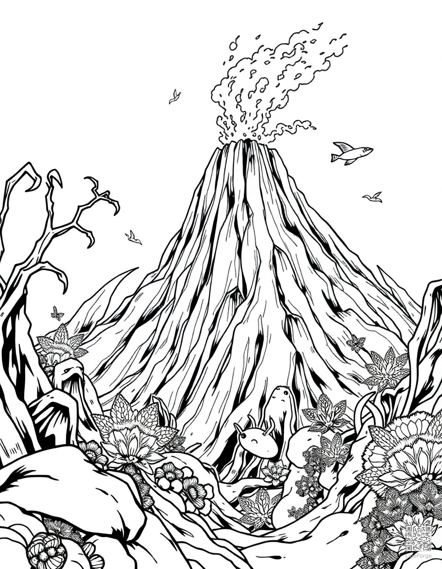 underwater volcano with exotic creatures coloring page Manga style - free printable