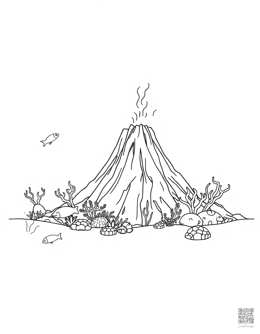 underwater volcano with exotic creatures coloring page Minimal style - free printable