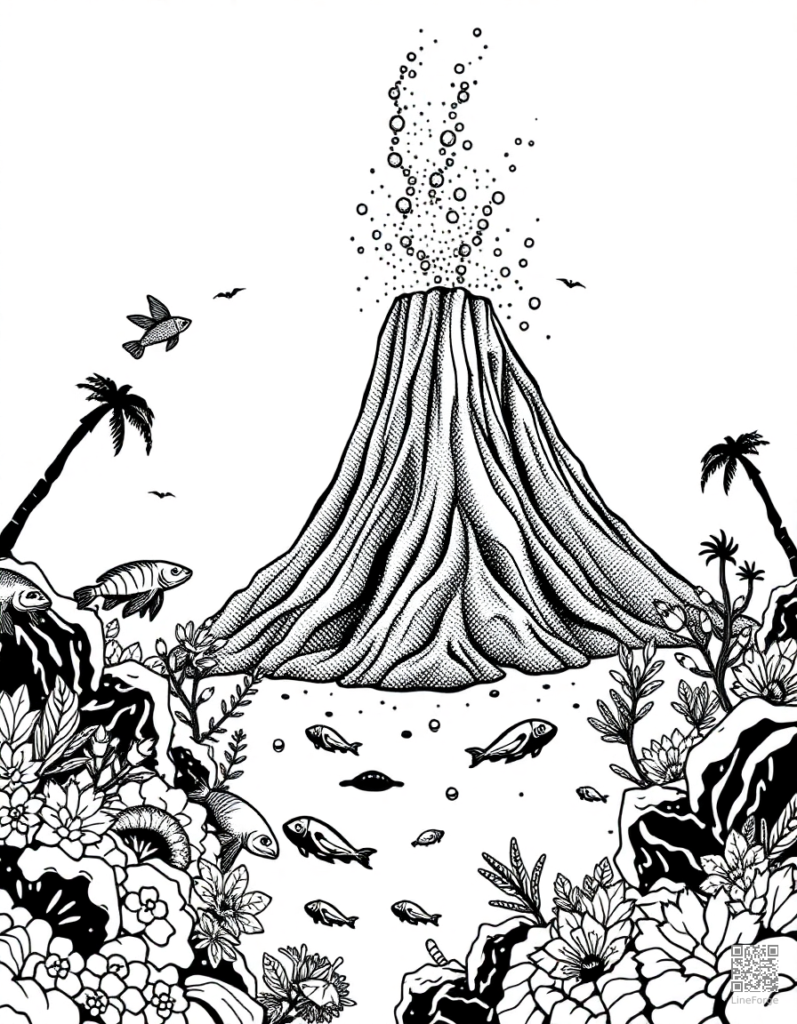 underwater volcano with exotic creatures coloring page Stipple style - free printable