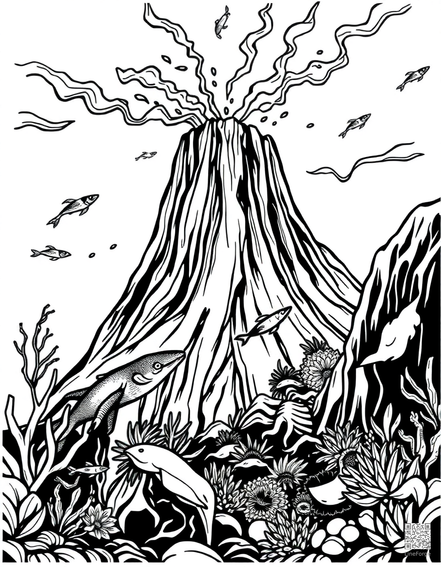 underwater volcano with exotic creatures coloring page Woodcut style - free printable