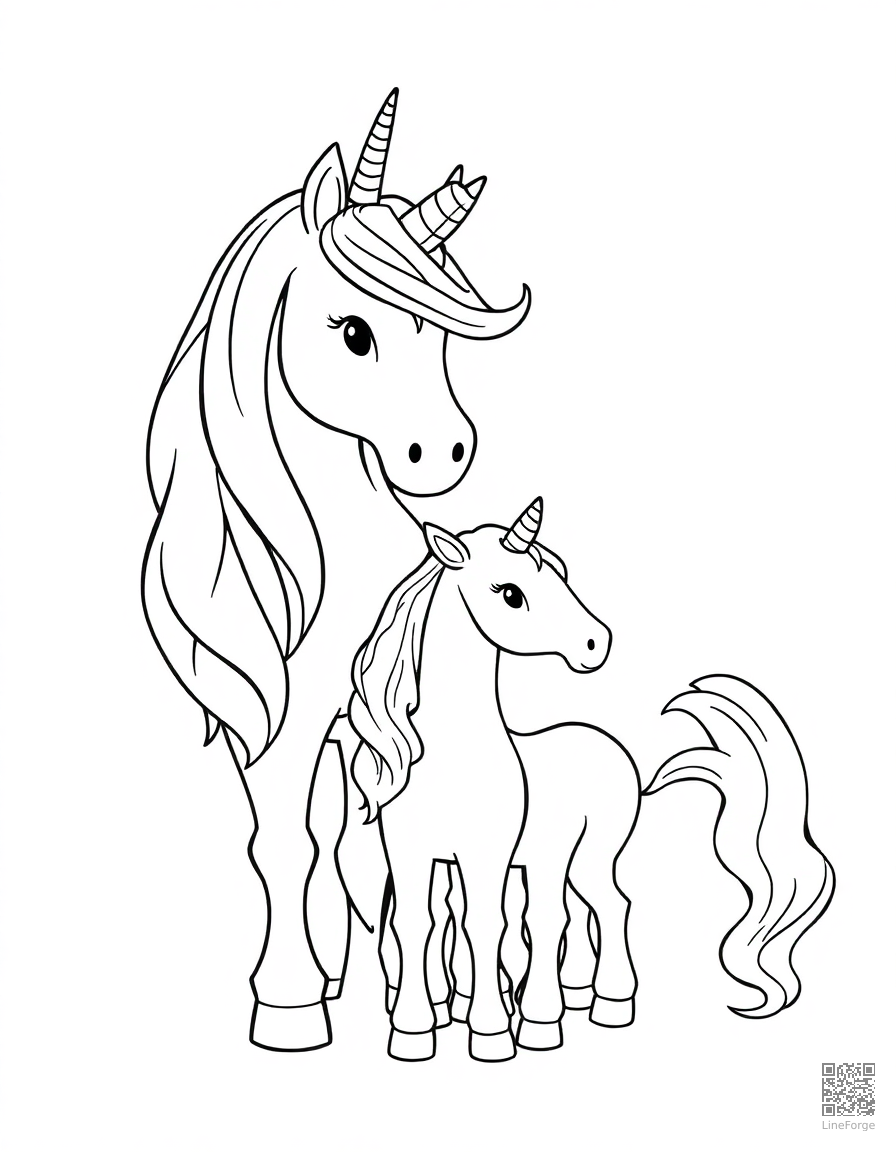 unicorn family with baby unicorn coloring page Contour style free printable