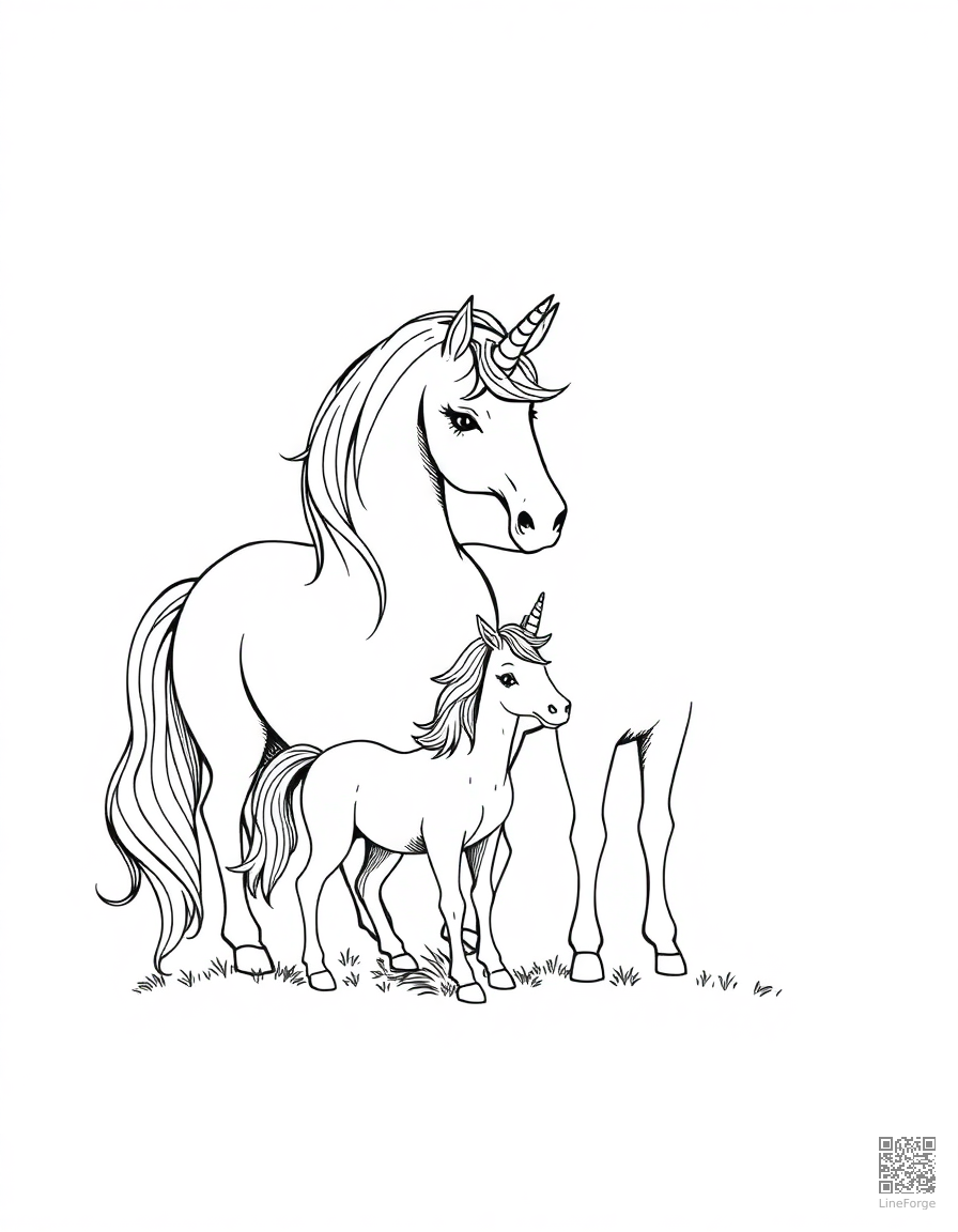 unicorn family with baby unicorn coloring page Crosshatch style free printable