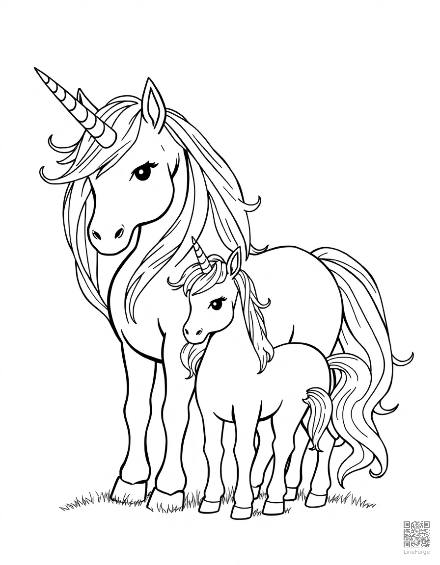 unicorn family with baby unicorn coloring page Manga style free printable