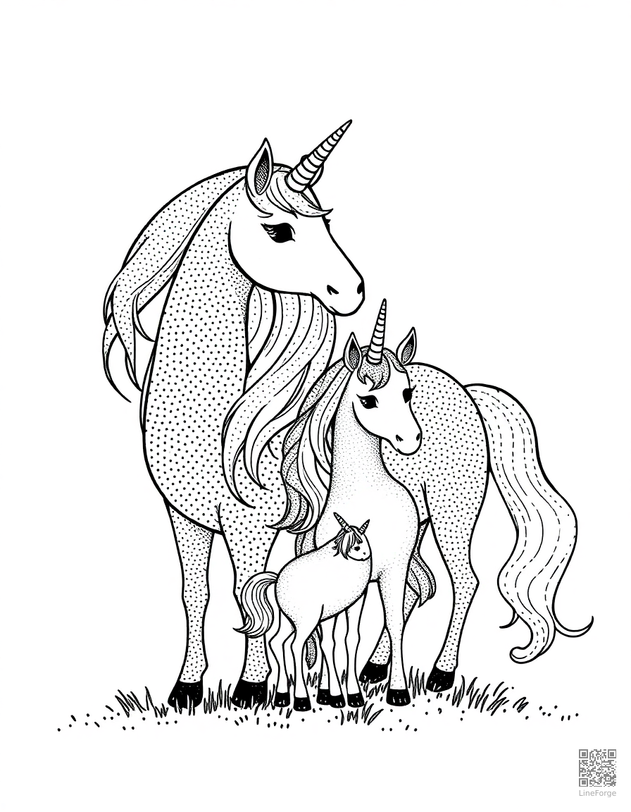 unicorn family with baby unicorn coloring page Stipple style free printable