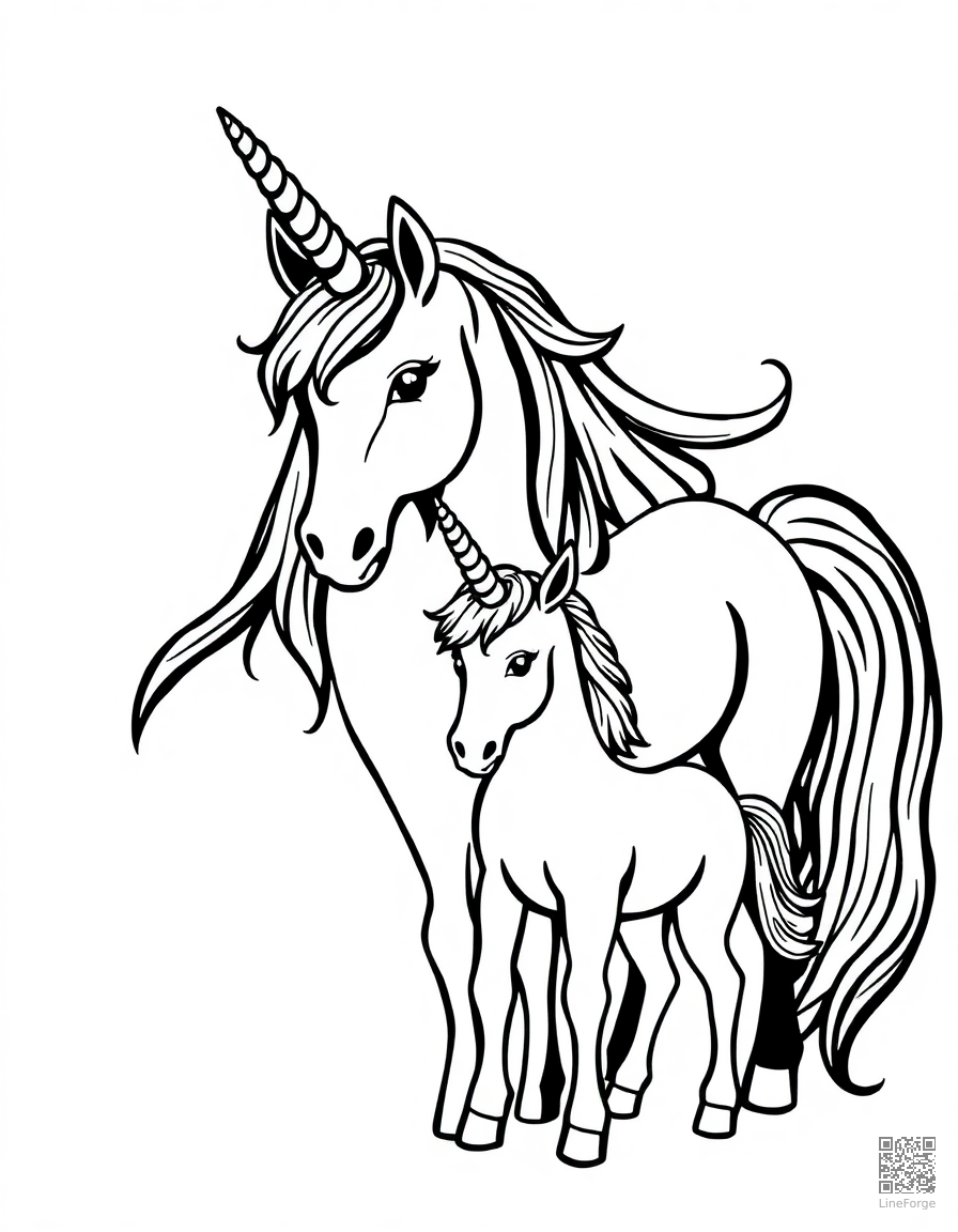 unicorn family with baby unicorn coloring page Woodcut style free printable