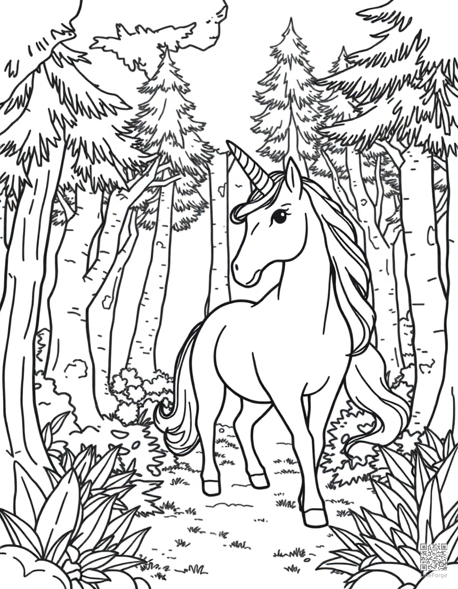 Unicorn in an enchanted forest coloring page Contour style - free printable