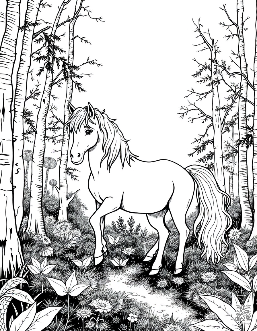 Unicorn in an enchanted forest coloring page Crosshatch style - free printable