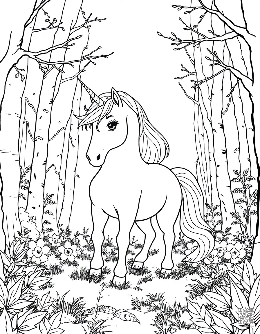 Unicorn in an enchanted forest coloring page Manga style - free printable