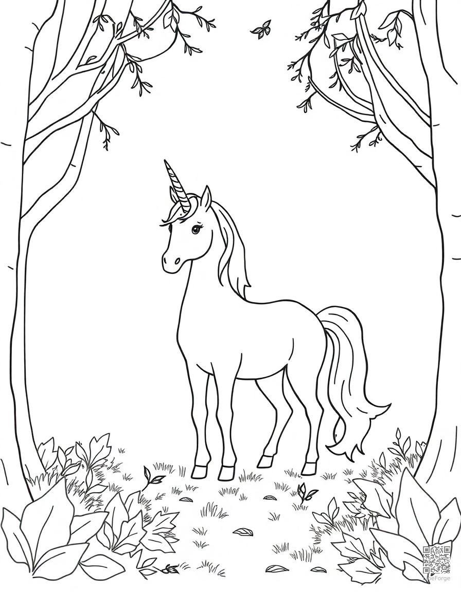Unicorn in an enchanted forest coloring page Minimal style - free printable