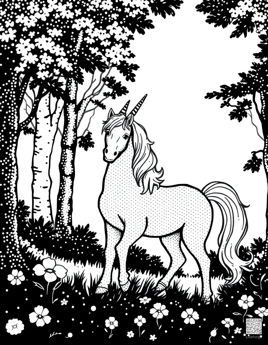 Unicorn in an enchanted forest coloring page Stipple style - free printable