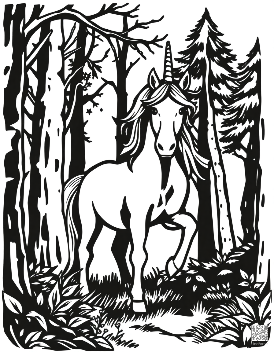 Unicorn in an enchanted forest coloring page Woodcut style - free printable