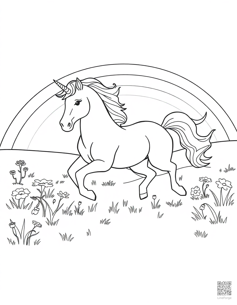 unicorn running through a rainbow meadow coloring page Contour style - free printable